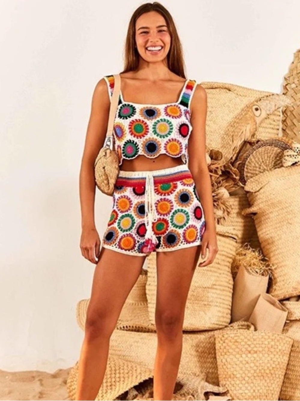Farm Rio Crochet Matching Set Granny Square Crop Top Shorts Red Pink Size Medium - Picture 3 of 15